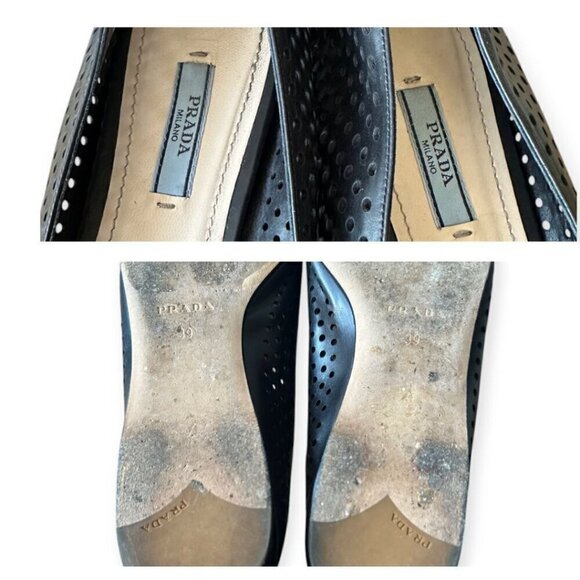 Prada Pointed Toe Flats, Black Perforated Leather, Size 39 EU, dust bag/box - Picture 8 of 15